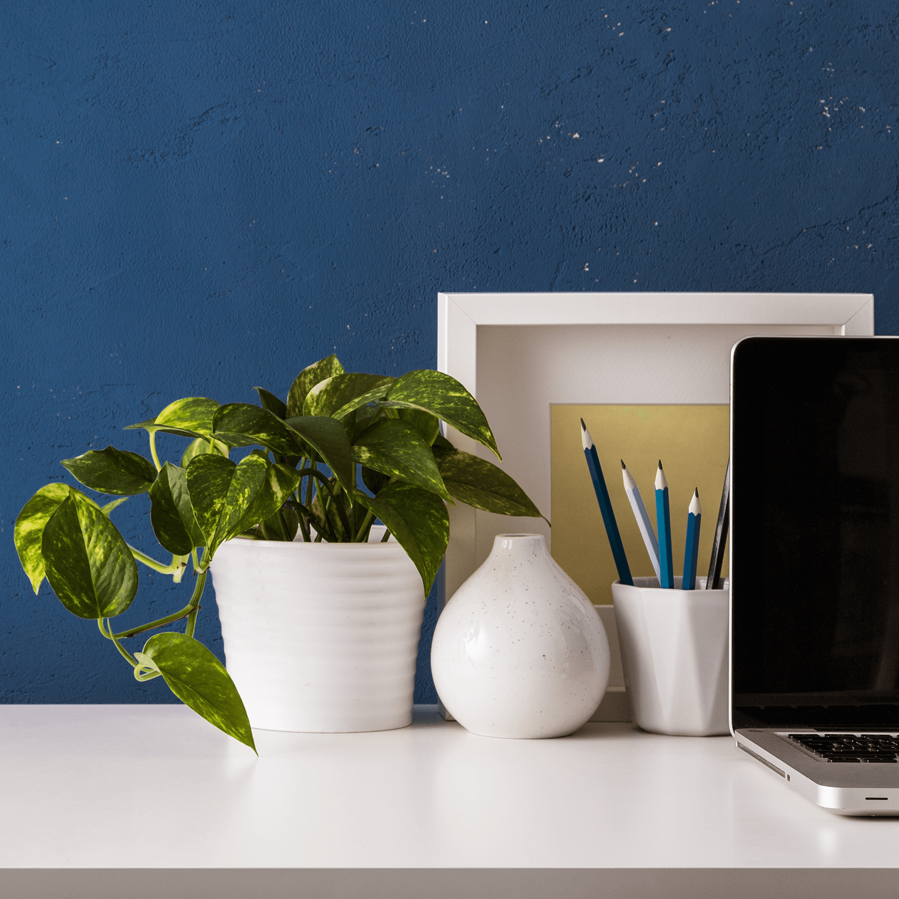 Home office desk with supplies, objects, and a blue wall