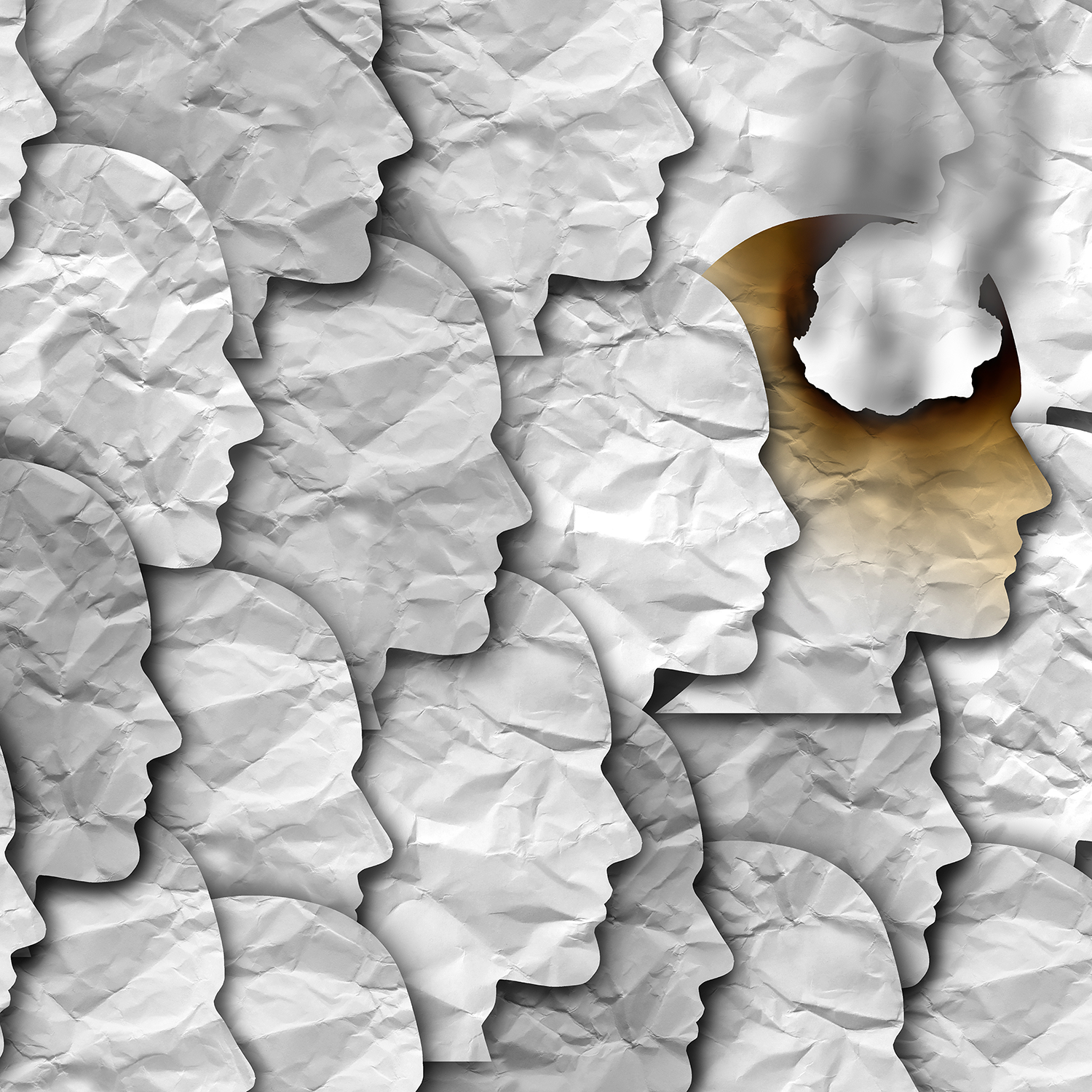 Illustration of several portraits of heads cut from paper with one head burned and smoking