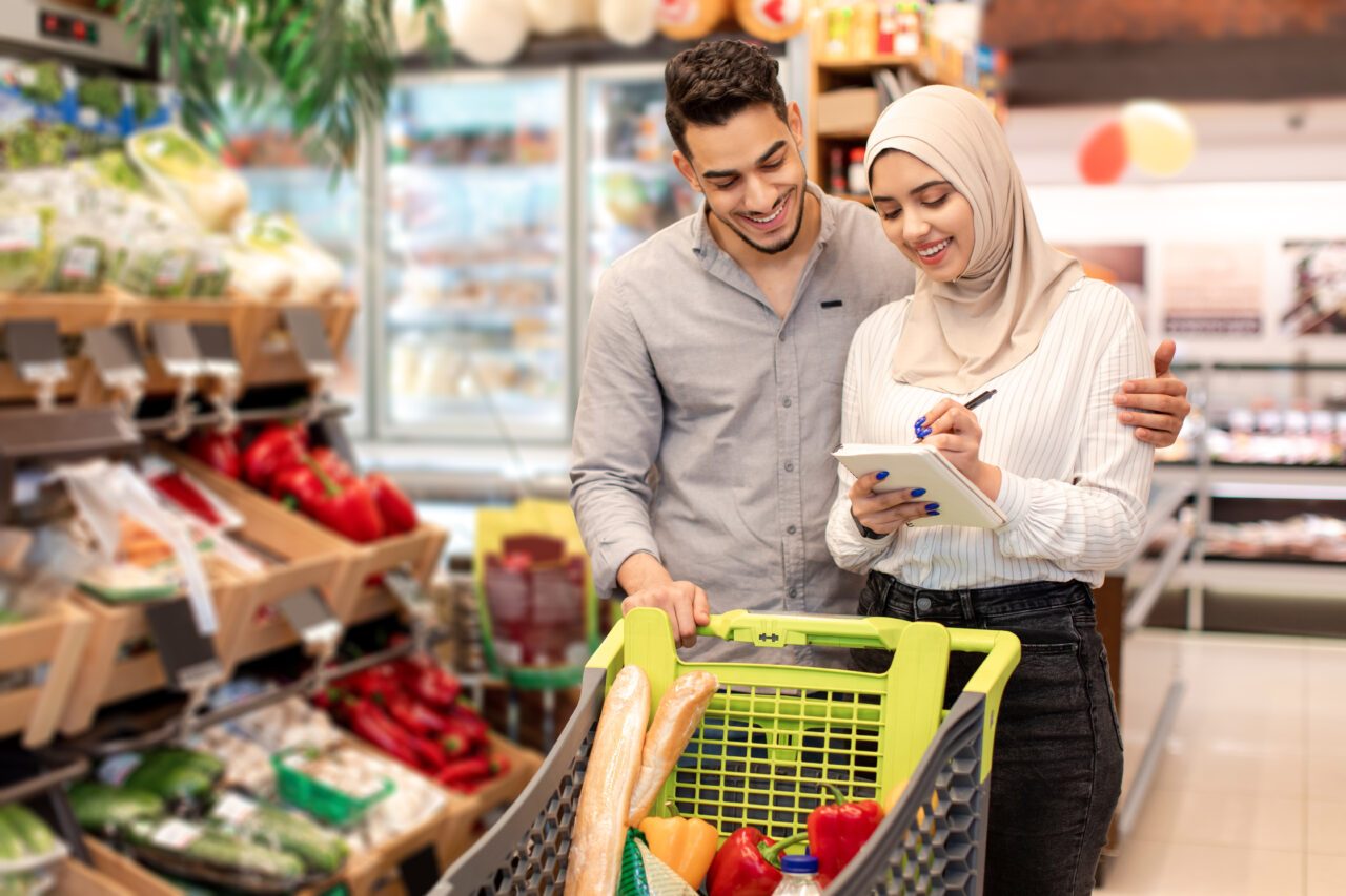 Muslim couple with a grocery list at the store